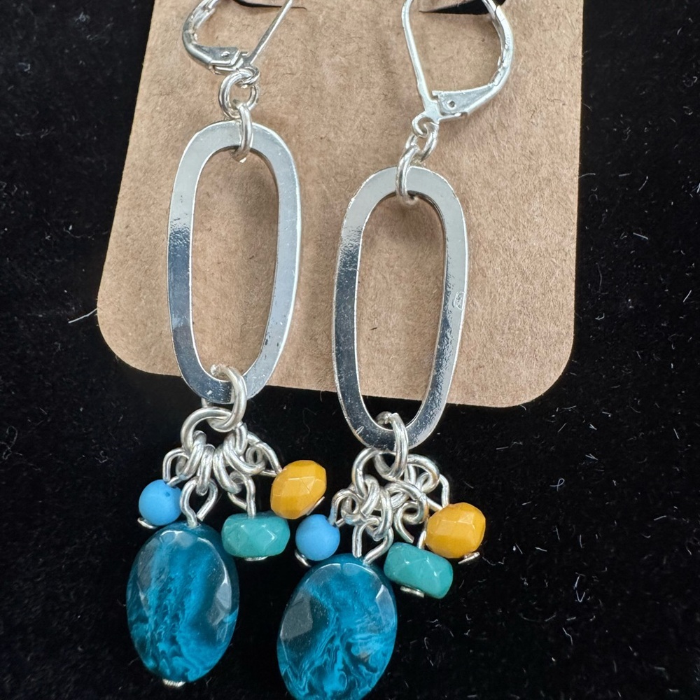 Art Deco Silver and Blue Beaded Chain Coastal Handmade Earrings - Picture 2 of 2